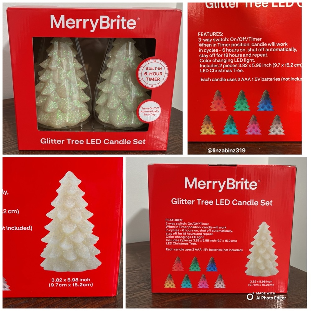 BNIB- 2- 7 Color Changing Light Up LED Glitter Christmas Trees Candles w/ TIMER